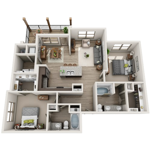 a 3d rendering of a two bedroom apartment at The Stinger